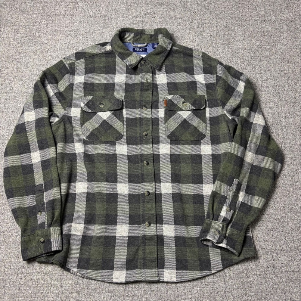 Chaps Button-Down Shirt Mens Large Green Plaid Long Sleeve Stretch Flannel Style
